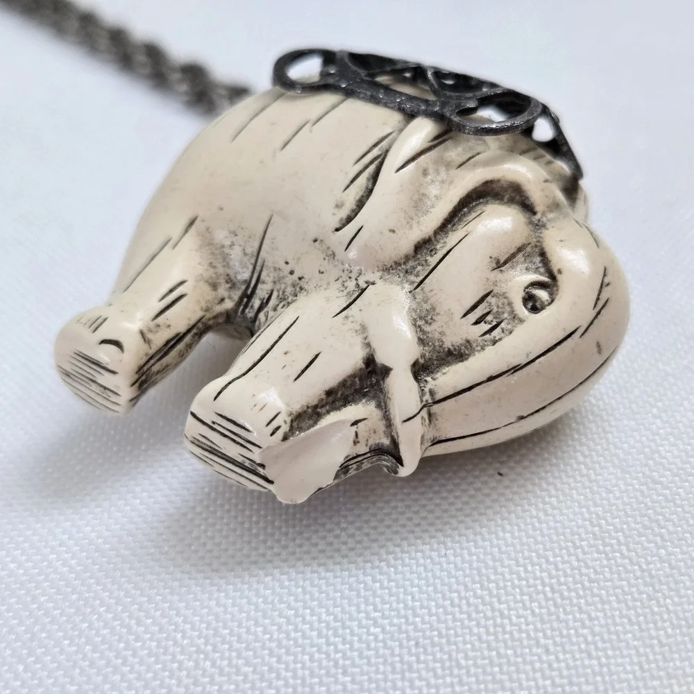 Vintage Elephant Necklace Carved Celluloid Pendant Silvertone Chain Classic Boho